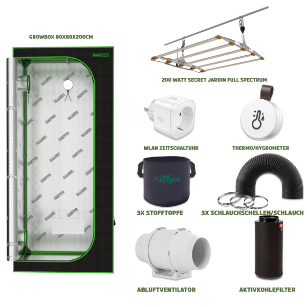 Growbox Komplettset - 80x80x200 cm - 200 Watt Secret Jardin  LED